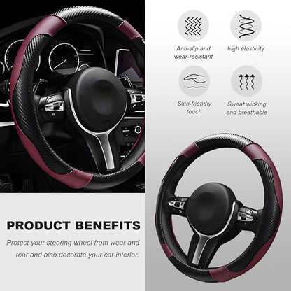 Car Steering Wheel Cover, 15 Inch Carbon Fiber Elastic Vehicle Steering Wheel Protector, Breathable Leather Auto Wheel Covers for Women Men, Interior Car Accessories (Wine Red)