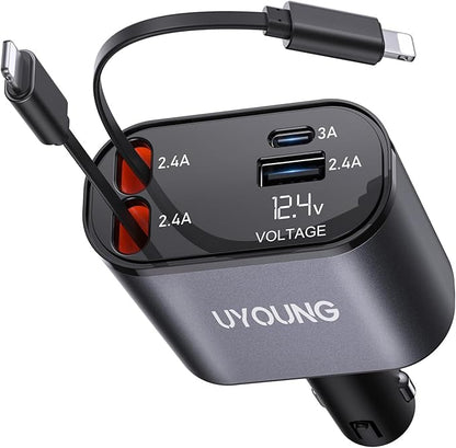iPhone Car Charger 4 in 1 Fast USB Car Phone Charger 20W Double Lightning Retractable Cables 31.5 Inch and 2 USB Ports Car Charger Adapter for iPhone 17/16/15/14/13/12 Pro Max/XR/XS,Samsung,Pixel,iPad