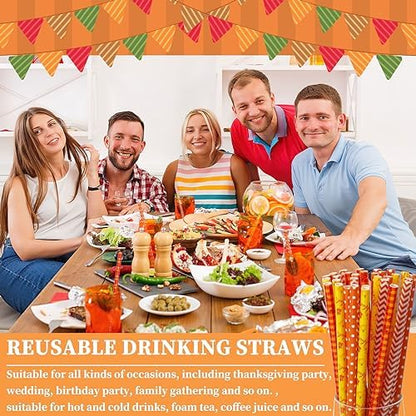 JANYUN 30 Pieces Fall Straws, 9inch Hard Platic Reusable Thanksgiving Drinking Straws Autumn Maple Leaf Pumpkin Straw for Family Party Favors Supplies Cleaning Brush (Orange & Yellow)