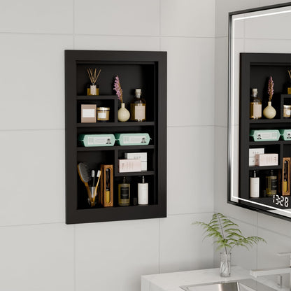 Solid Wood 14 X 24 Recessed Medicine Cabinet,3-Tier, Medicine Cabinet Organizer,Wall Niche, Bathroom Wall Cabinet, Recessed Bathroom Cabinet, Bathroom Cabinet with Storage Black