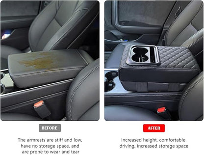 Car Center Console Armrest Pillow with Cup Holder, Leather Middle Console Protection Cushion with Phone Holder, Memory Foam Auto Arm Rest Box Cover, Universal Vehicle Accessories (Black)