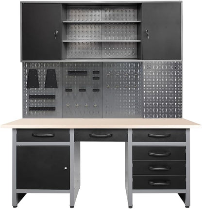 JZD Metal Storage Organization System, Wall Mount Tool Cabinet, Wood Tabletop, for Garage Workshop Utility Room