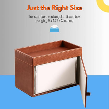 LAMOTI Rectangular Tissue Box Cover with Storage Tray, Leather Facial Tissue Box Holder for Bathroom, Office Table, Countertop, Night Stand & More (Brown)