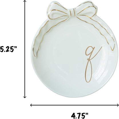 COLLECTIVE HOME - Personalized Initial Ceramic Jewelry Tray with Bow, Christmas Gift Ideas for Women, Small Gift for Girlfriend Wife, Ring Holder, Earrings Dish, Birthday Gift for Her (Q)