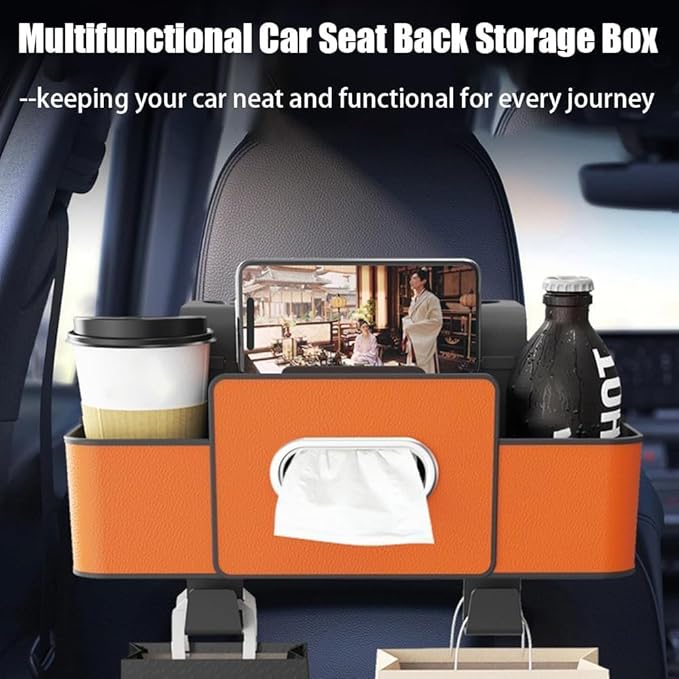 Car Organizers and Storage Box, Multifunctional Car Seat Back, Backseat Organizer, For Hold Phones, Snacks, Drinks, And Handbags (Orange)