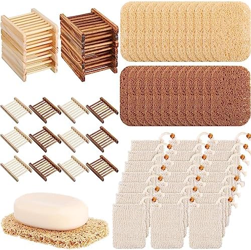 Irenare 90 Pcs Soap Saver Set, Wooden Dish Bar Soap Mesh Bag Pads Bulk