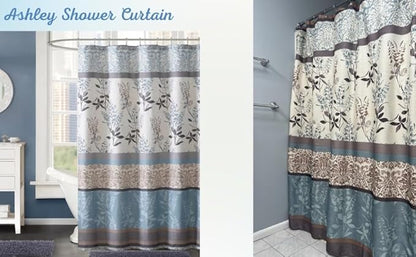 Serafina Home Hotel Quality Fabric Bathroom Shower Curtain: Farmhouse Floral Bordered Damask - Light Blue, Beige, and Grey (72 x 70 inches)