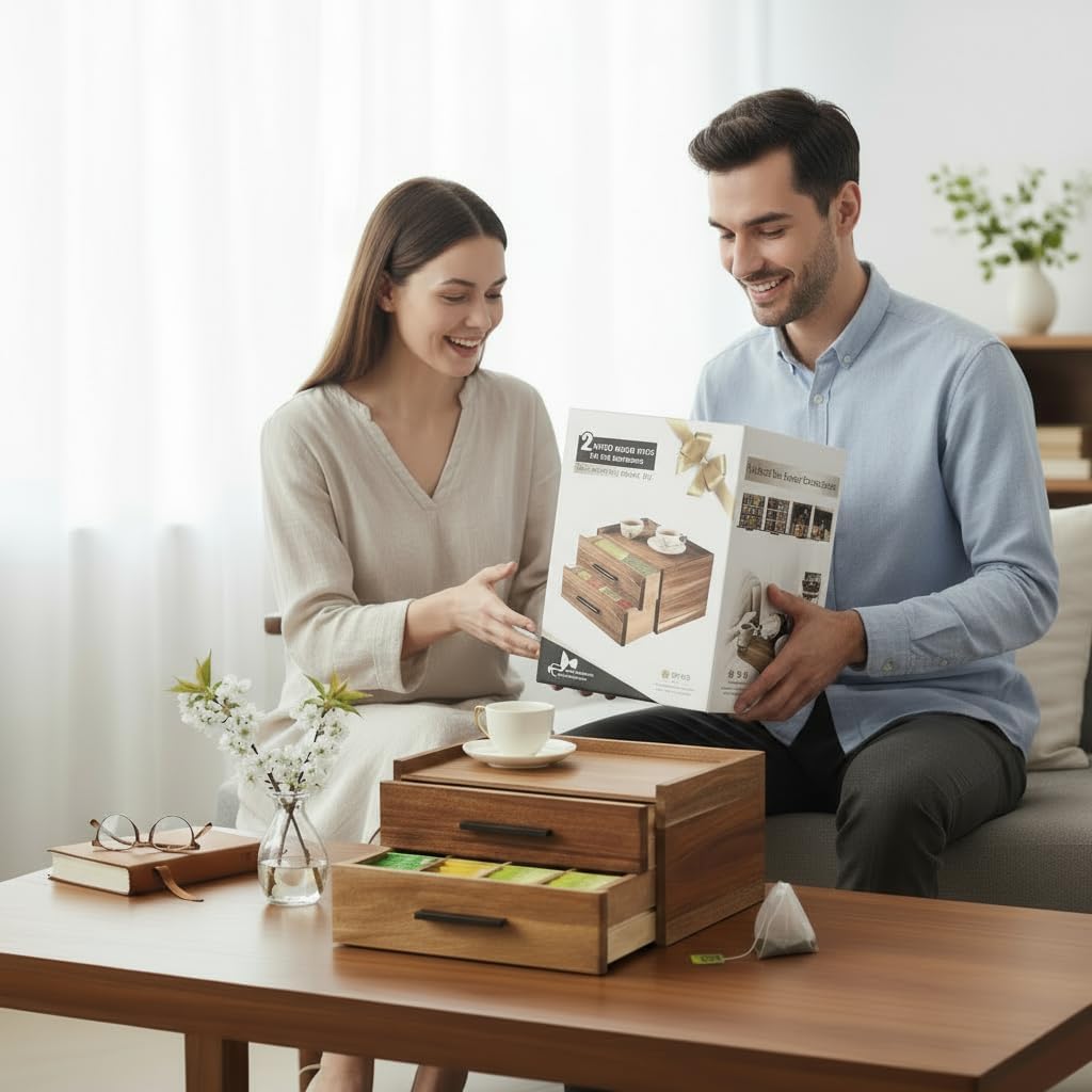 Acacia Wood Tea Bag Organizer with Gift Box, Double-Drawer Tea Box - Tea Accessories for Tea Organizer and Storage Box, Tea Station Chest Caddy for Countertop Cabinet Office(21-Compartment)