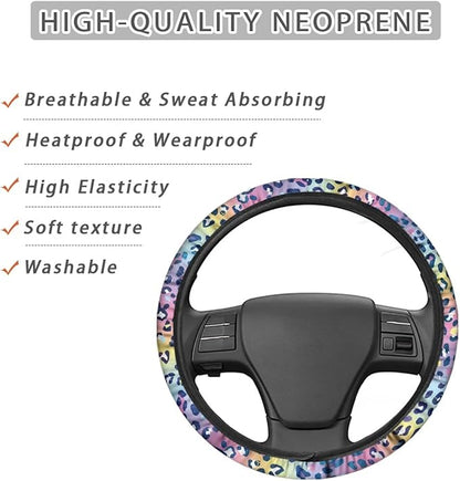 Universal Non-Slip Steering Wheel Cover, 15-inch Polyester Material Driving Accessories, Adjustable for Car and Truck(Dreamy Color Leopard)