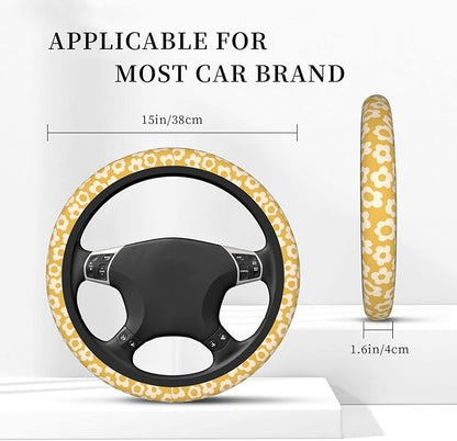 Vintage Groovy Flowers Steering Wheel Cover Universal 15 Inch Cute Car Accessories Protector for Women Men