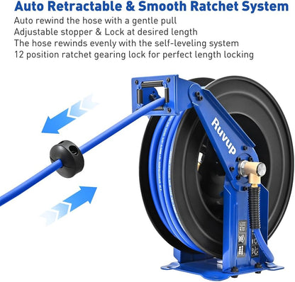 Ruvup Retractable Air Hose Reel, 3/8" x 75ft Air Compressor Hose Reel Auto Rewind Hybrid Hose Max 300PSI with 6.5ft Lead Hose Heavy Duty Steel Double Arm with 12-Position Ratchet Lock