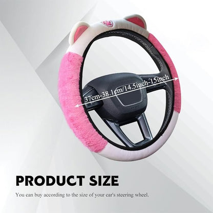 Car Steering Wheel Cover, 15 Inch Fluffy Soft Plush Auto Protector, Anti-Slip Elastic Lovely Car Cover Accessories with Kitty Cat Ears Universal for Most Vehicles (Fluffy-White+Rose Pink)
