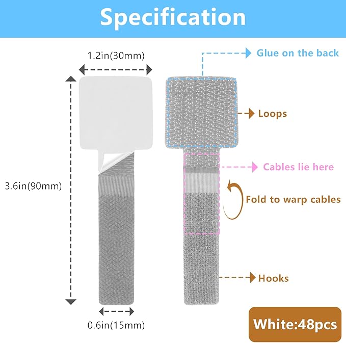 Desk Cable Management, Wire Organizers for Cords - Upgrade 48 PCS Grey Sticky Back Self Adhesive Cable Ties, Hook and Loop Straps for Home or Office Use