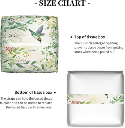 Green Leaves Hummingbird Spring Tissue Box Cover Watercolor Floral Square Leather Tissue Holder Decorative Facial Tissue Cube Paper Cover Case Organizer for Bathroom Night Stands Desk Home