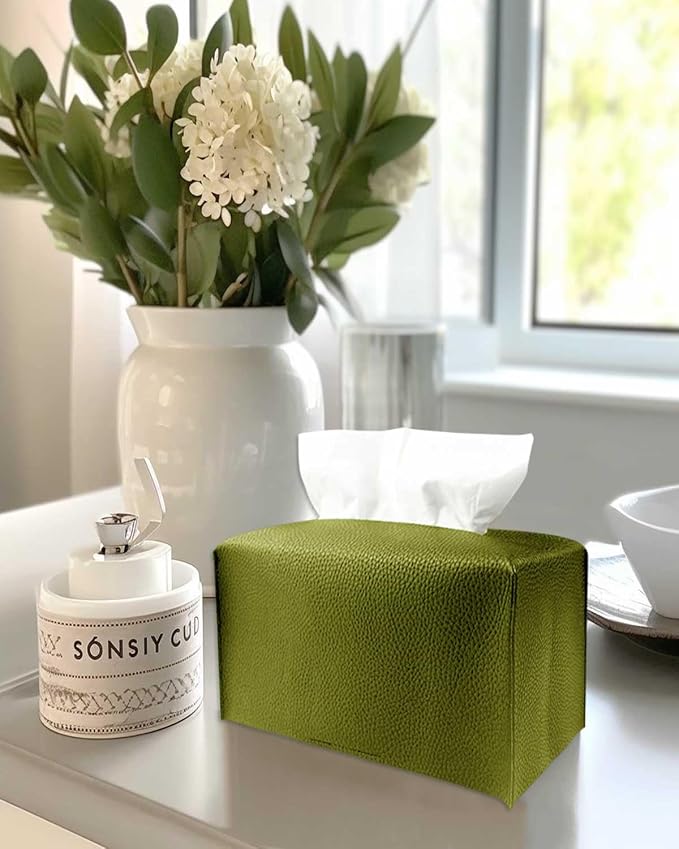 JESMINI Green Rectangular Tissue Box Cover - Plus Size Large, Faux Leather, Minimalist Style, 9.5x5x5 Inches