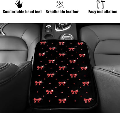 Car Center Console Cover, Waterproof Leather Bow Ribbon Vehicle Arm Rest Pad, Comfortable Automotive Interior Seat Box Armrest Protection Cushion Accessories, Universal Fit (Red)