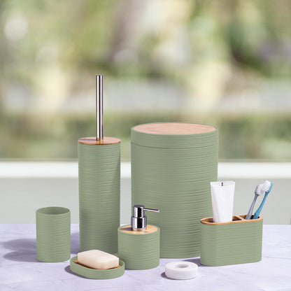 CERBIOR Bathroom Accessories Set 6 Piece Bamboo Bath Ensemble Includes Soap Dispenser, Toothbrush Holder, Toothbrush Cup, Soap Dish for Decorative Countertop and Housewarming Gift, Sriral Green