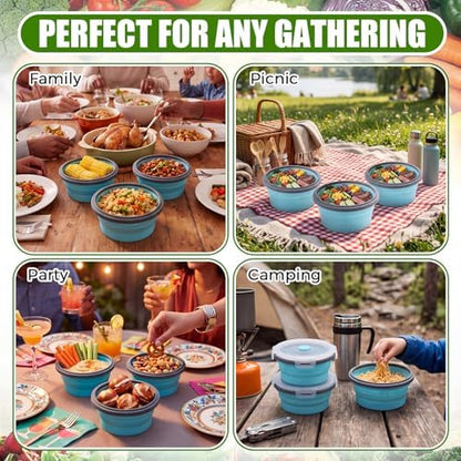 Domensi 12 Pcs Collapsible Bowls with Lids Silicone Camping Food Storage Container Foldable Expandable Folding Salad Lunch Box Leakproof Travel Container for Back to School Hiking Camping, Blue