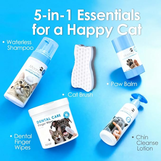 Mooncat Waterless Cat Shampoo & Grooming Kit - Dry Shampoo Foam, Soft Brush, Paw Balm, Dental Finger Wipes & Chin Cleaner - Lick Safe No Rinse Bath, Breath & Skin Care Essentials for Cats & Kittens