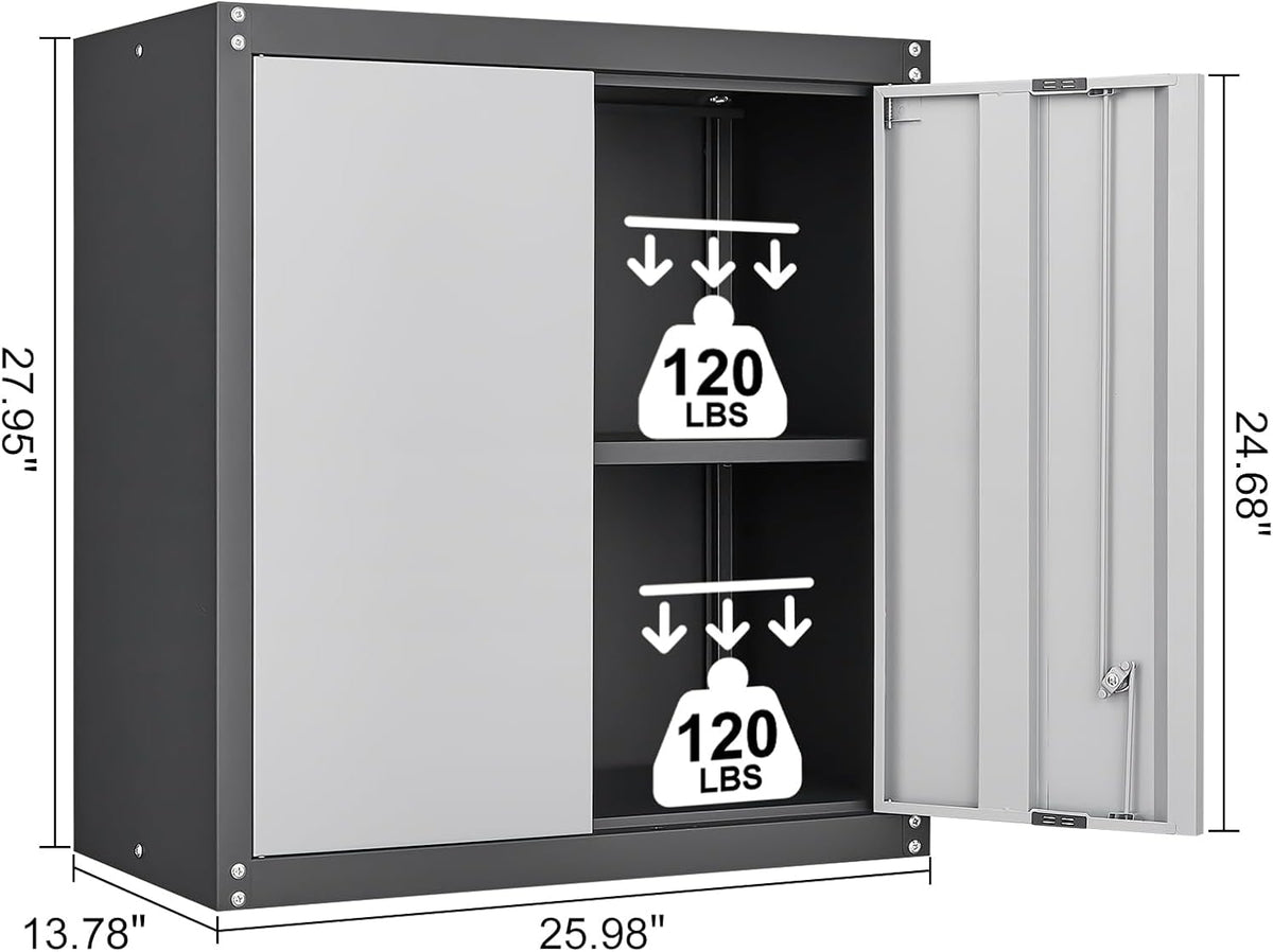 LUCYPAL Garage Wall Cabinet,Metal Wall Storage Cabinet with Adjustable Shelf and Locking Doors,Floating Utility Cabinets for Warehouse/Basement/Kitchen (Black&Grey,27.95" H)