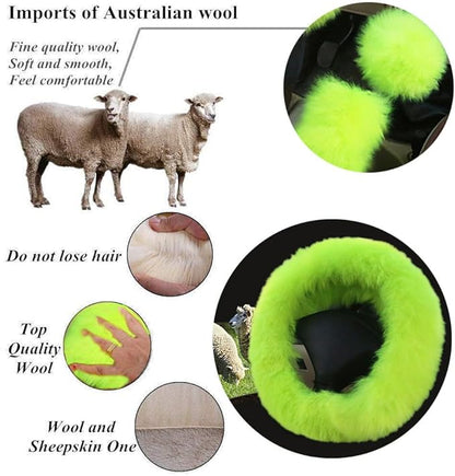 15inches Universal Leather Car Steering Wheel Cover Car Accessories Colorful Fuzzy Steering Wheel Cover Gear Shift Cover Handbrake Cover (neon Green)