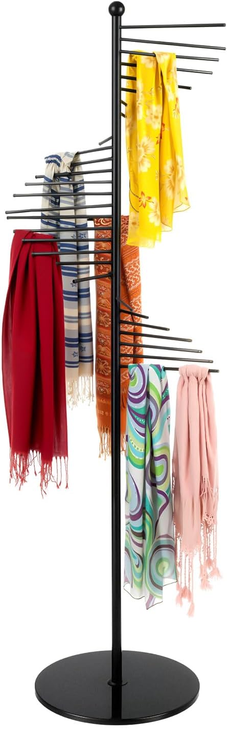Freestanding Scarf Display Rack, Metal Spiral Scarf Holder with 30 Rods, Hijab Stand Belt Pants Hanger Organizer for Locker Room, Home, Office, Commercial Shopping Mall, Clothing Store (17X67in Black)