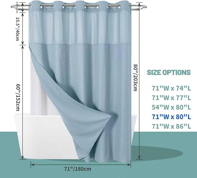 eachope Teal Long No Hook Waffle Weave Shower Curtain with snap-in Liner Replacement, 230GSM Waterproof Fabric Hotel Shower Curtain Set for Bathroom, Through Mesh Top Window,71Wx80H