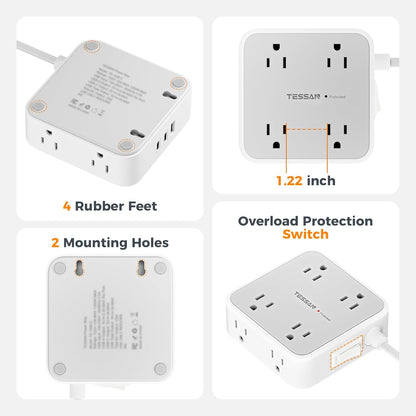 Surge Protector Power Strip, TESSAN Flat Plug Extension Cord with Multiple Outlets, 8 AC Outlets, 3 USB Ports(2 USB C), 5 Ft, 900 Joules Protection, 3-Sided Charging Station for Home Office Dorm Room