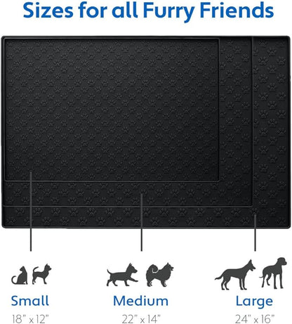 MIGHTY MONKEY 100% Waterproof Dog Food Mat, Raised Edges Silicone Pet Feeding Placemat for Cat, Dogs, Pet Bowls, High Lipped Tray Prevents Water Spills, Food on Floor, Dishwasher Safe, 18x12, Black
