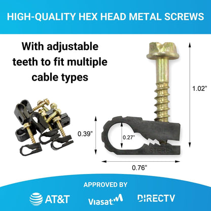 STEREN Coaxial Cable Clips - Cable Holder - Siding Clips for Hanging - Cord Holder for Desk - Cable Clamps - Cord Clip - Wire Organizer Clips - Tv Mount Screws (Black, 100 Count - Single Screw)