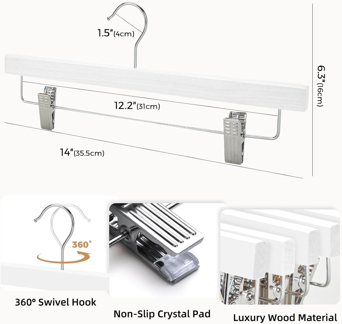 HOUSE DAY Premium Wooden Pants Hangers 25 Pack, Solid Lotus Wood Skirt Hangers with 2-Adjustable Clips, Heavy Duty & Anti Slip Wood Bottom Hanger for Slacks, Jeans, Trousers, Shorts (White)
