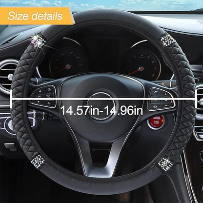 Bling Soft Leather Steering Wheel Cover, 15 Inch Colorful Rhinestones Auto Elastic Steering Wheel Protector, Sparkly Crystal Diamond for Women Girls, Car Accessories for Most Cars (Black)