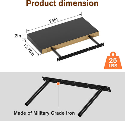 Floating Shelf, Set of 3 Wall Shelf, 24 in W x 12.75 in D x 2 in H Wooden Floating Wall Shelf with Invisible Brackets for Living Room/Bedroom/Bathroom/Kitchen Storage and Decor, Black Wood