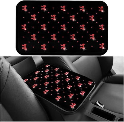 Car Center Console Cover, Waterproof Leather Bow Ribbon Vehicle Arm Rest Pad, Comfortable Automotive Interior Seat Box Armrest Protection Cushion Accessories, Universal Fit (Red)
