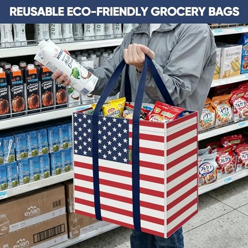 BALEINE 8 PK Grocery Bags Reusable Shopping Bags with Reinforced Bottom, Heavy Duty Foldable Tote Bags (Patriot Celebration)