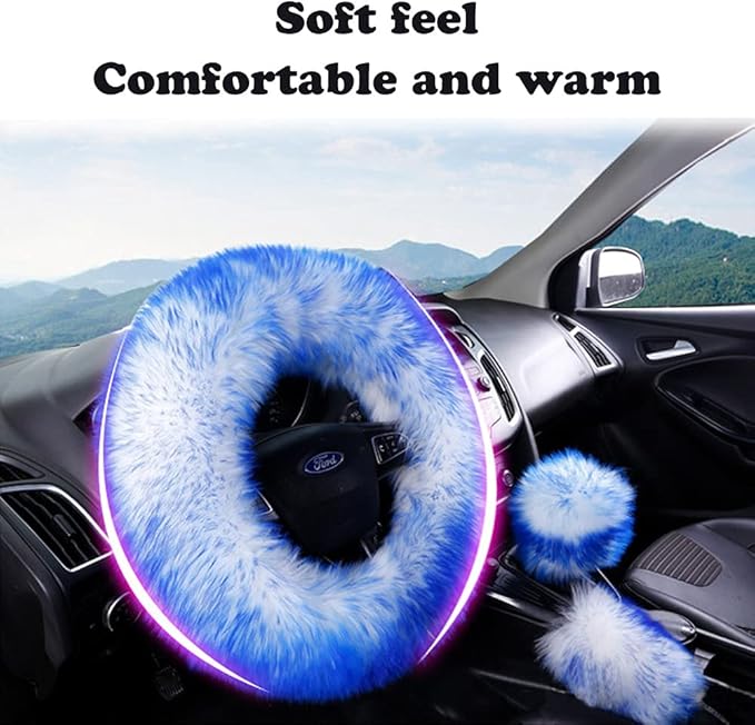15inches Universal Leather Car Steering Wheel Cover Car Accessories Colorful Fuzzy Steering Wheel Cover Gear Shift Cover Handbrake Cover (red)