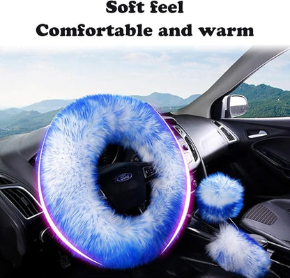 15inches Universal Leather Car Steering Wheel Cover Car Accessories Colorful Fuzzy Steering Wheel Cover Gear Shift Cover Handbrake Cover (Green)