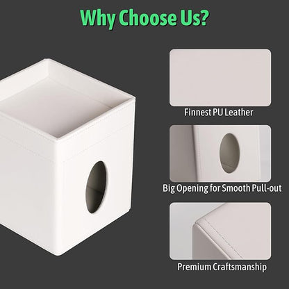 Lorteme Tissue Box Cover, PU Leather Square Tissue Box Holder with Upper Storage Tray for Bathroom/Countertop/Nightstand/Office Table - White