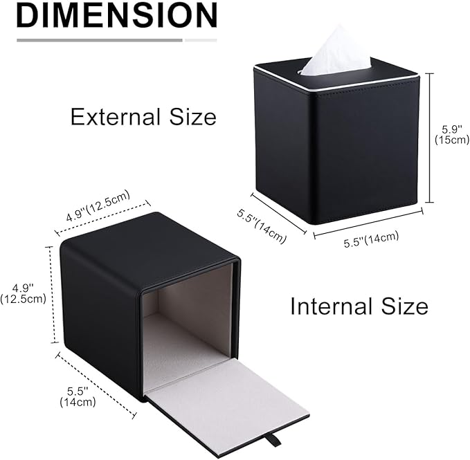 KINGFOM Leather Tissue Box Cover – Square Modern PU Leather Tissue Holder, Cube Tissue Dispenser for Home, Office, Bedroom, Bathroom – Elegant Minimalist Style (Black-Square)