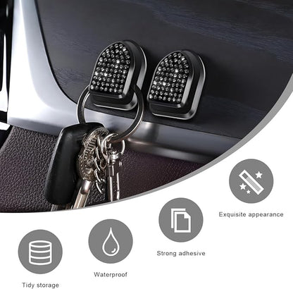 4 PCS Bling Car Mini Hooks, Cute Rhinestone Adhesive Back Seat Auto Hangers, Multifunctional Crystal Hanging Storage Hook for Vehicle Dashboard Wall Hat Coat Towel Key (Black)