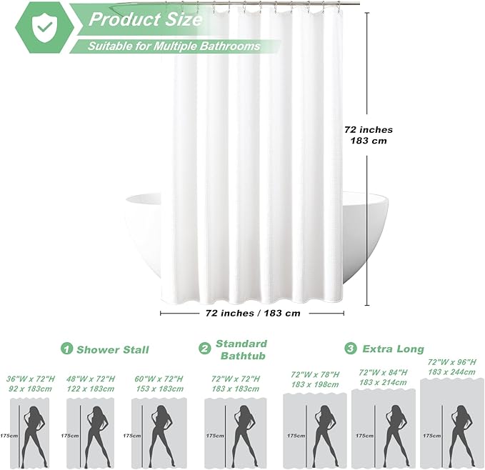 meioro White Shower Curtain, Waffle Weave 256GSM Heavy Duty Textured Fabric Shower Curtains for Bathroom Hotel Spa, Luxury Weighted Polyester Cloth Bath Curtain Set with 12 Hooks, 72Wx78H
