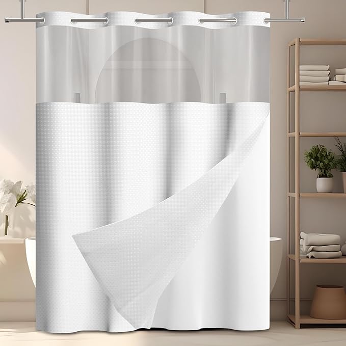 GICDSU No Hook Shower Curtain with Snap in Liner, Waffle Shower Curtain Set for Bathroom, Hotel Style with Semi-Sheer Top Window, Waterproof & Washable, White, 71" W x 86" L