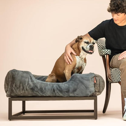 FUZI Elevated Dog Bed Medium, Luxury Raised Dog Beds, Removable and Machine Washable Bed Cover, Indoor/Outdoor Orthopedic Pet Bed, Medium 31.75x23.6x18 Dark Grey & Black Base