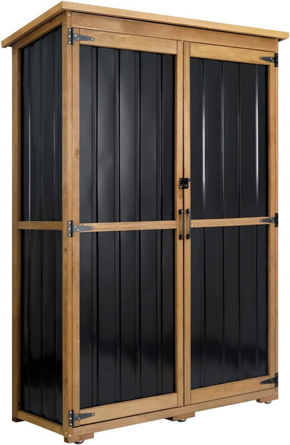 Outdoor Storage Cabinet, Wood & Metal Storage Shed with Weather-Resistant Roof, Double Lockable Doors, Removable Shelves & Adjustable Feet, for Patio, Backyard, Poolside, 46" x 18" x 68"