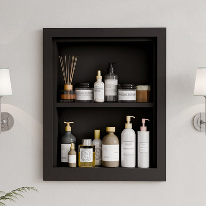 Solid Wood 14 X 18 Recessed Medicine Cabinet,2-Tier, Medicine Cabinet Organizer,Wall Niche, Bathroom Wall Cabinet Black