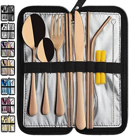 Portable Travel Utensils, Reusable Silverware with Case for Fixing Tableware, 9 Pieces Stainless Steel Stable Flatware Set, Camping Picnic Cutlery Set (Rose Gold Set)