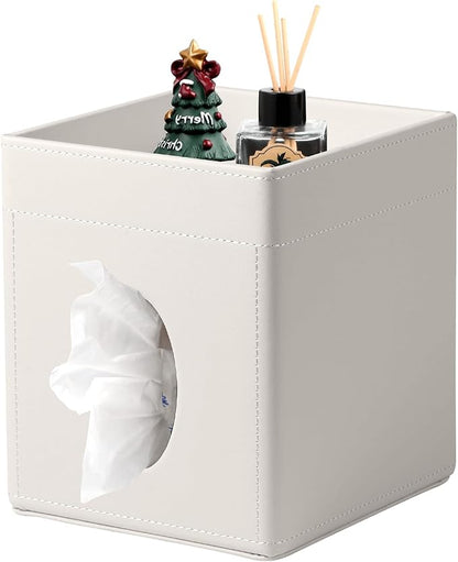 Lorteme Tissue Box Cover, PU Leather Square Tissue Box Holder with Upper Storage Tray for Bathroom/Countertop/Nightstand/Office Table - White