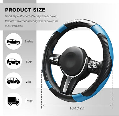Car Steering Wheel Cover, 15 Inch Carbon Fiber Elastic Vehicle Steering Wheel Protector, Breathable Leather Auto Wheel Covers for Women Men, Interior Car Accessories (Black & Blue)