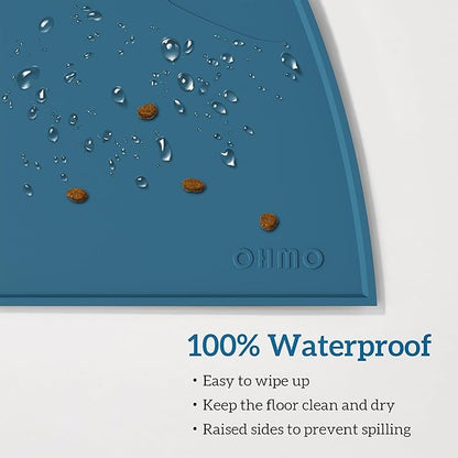 OHMO - Cat Food Mat, Silicone Pet Feeding Mat for Floor Non-Skid Waterproof Dog Water Bowl Tray, Easy to Clean Pet Placemat (Teal, 18 * 9.8'')
