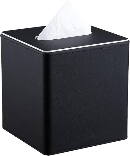 KINGFOM Leather Tissue Box Cover – Square Modern PU Leather Tissue Holder, Cube Tissue Dispenser for Home, Office, Bedroom, Bathroom – Elegant Minimalist Style (Black-Square)